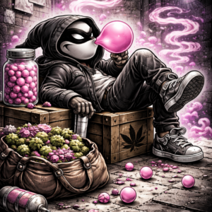 Halfway crooks, halfway crook character, character blowing a bubblegum, bag of flowers next to character, bubblegum everywhere, cbd, flower, cartoon, bubblegum bandit.