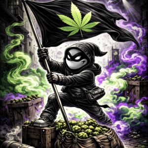Halfway crooks, halfway crook character, character has put a banner on top of flowers, cannabis leaf on flag, cbd, flower, cartoon, crooks banner.