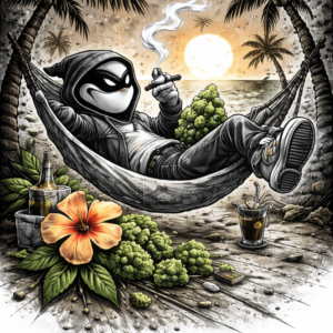 Halfway crooks, halfway crook character, character smoking on hammock, palmtrees, tropical vibes, cbd flower, cartoon, hawaiian haze.