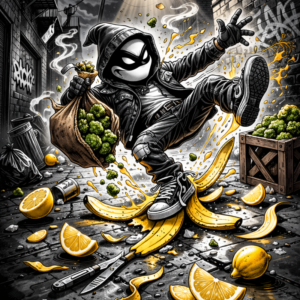 Halfway crooks, halfway crook character, slipping on banana peel, street full of lemons, character has a sack full of flowers, cbd, flower, cartoon, lemon larceny.