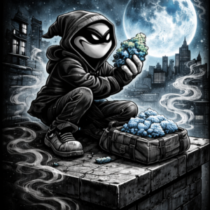 Halfway crooks, halfway crook character, cbn, flower, basket of cbn flowers, cbn flower in characters hand, rooftop, night, cartoon, nightshift heist cbn.