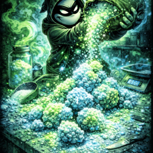 Halfway crooks, halfway crook character, character pouring sugar on cbd flowers, sugar smuggler, cartoon.