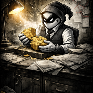 Halfway crooks, halfway crook character, holds cbn hash in hand, cbn, hash, cartoon, white collar crime cbn hash.