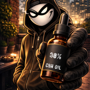 Halfway Crooks character, holding cbn oil bottle in hand, night, 30% cbn.