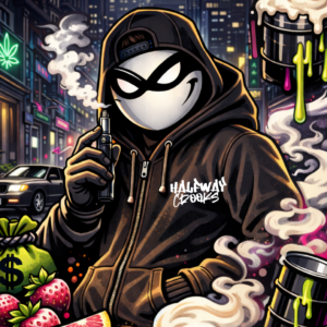 Halfway Crooks character holds vape in hand, berries, fruits, vanilla, gassy, street.
