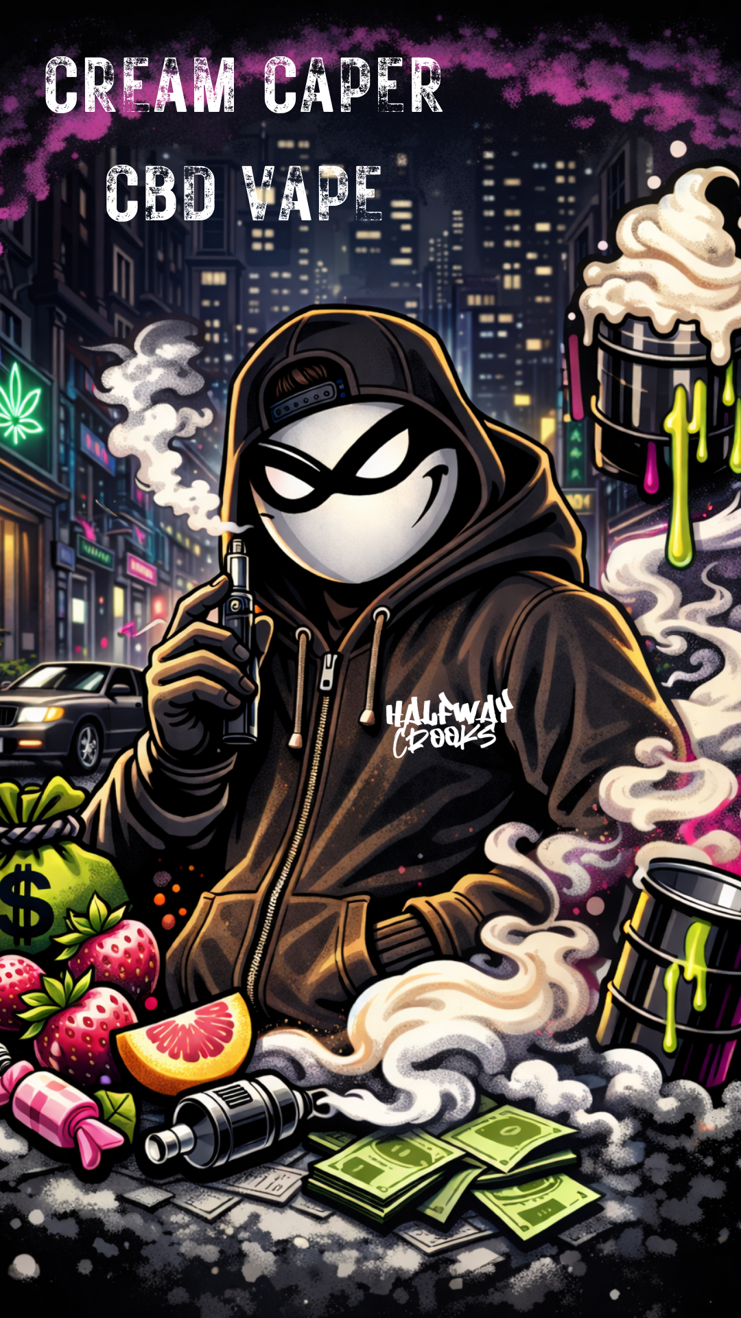 Halfway Crooks character holds vape in hand, berries, fruits, vanilla, gassy, street.