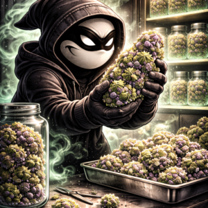 Crook character, character holding flower in hands, flower stash, vault, jars of flowers, cbd, cbg, hemp.