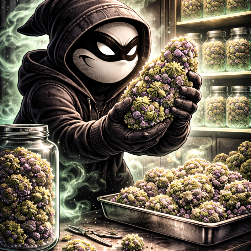 Crook character, character holding flower in hands, flower stash, vault, jars of flowers, cbd, cbg, hemp.