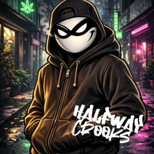 Halfway Crooks character standing on the street, grin on face, sample, not for sale.