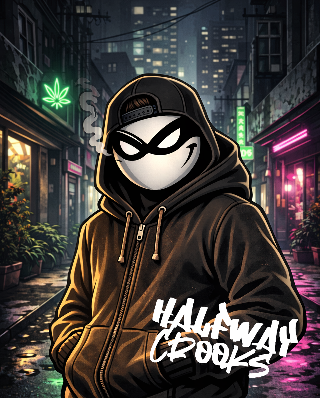 Halfway Crooks character standing on the street, grin on face, sample, not for sale.