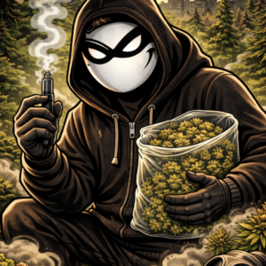 Halfway Crooks character holding a bag of hemp and vape, pine forest, gas mask, pinecones on the ground.