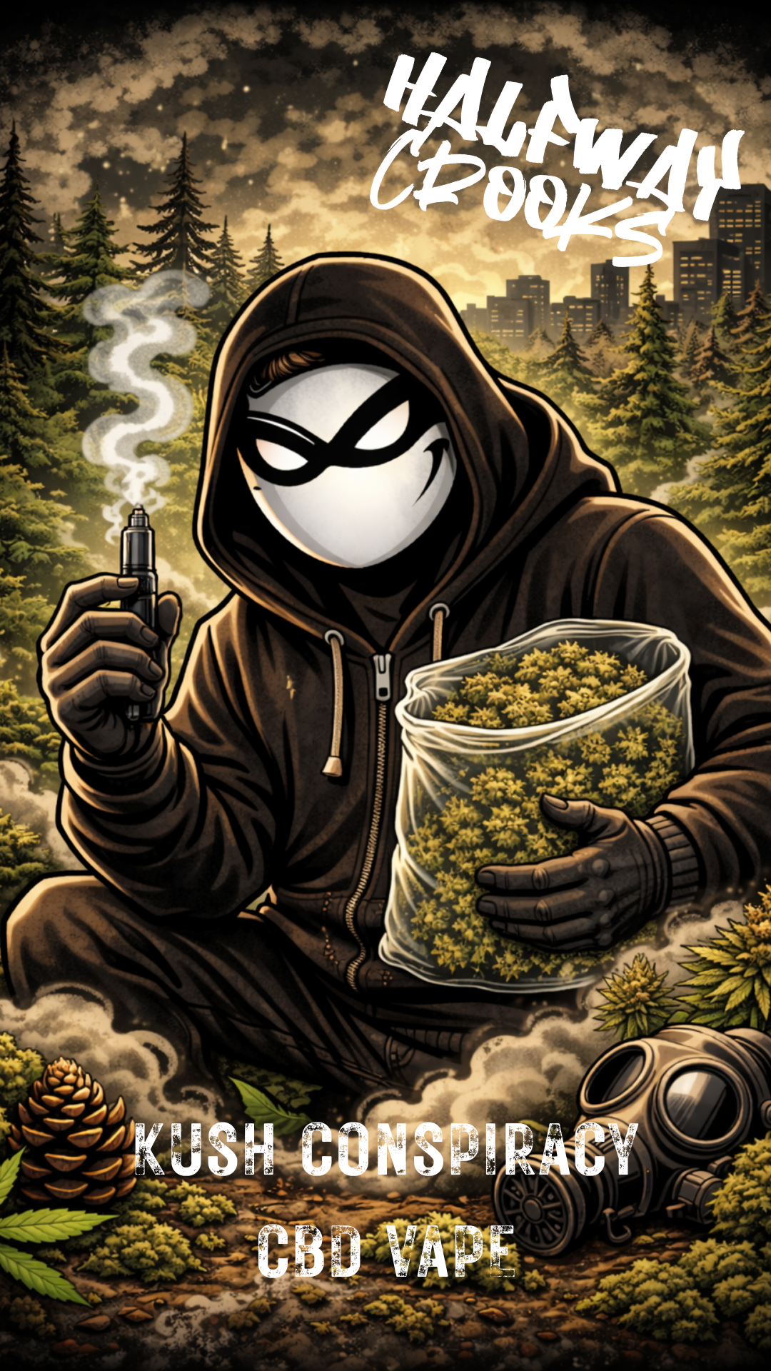 Halfway Crooks character holding a bag of hemp and vape, pine forest, gas mask, pinecones on the ground.