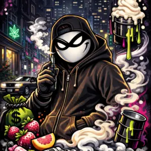 Crook on the street at night. Holding Halfway Crooks Zkittlez Stickup CBD Vape in hand. Fruits, candy, ice cream and gas barrels on the street. Police car lurking behind the Crook.