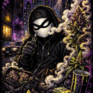 Crook on the street at night. Amnesia Alibi CBD Vape in his hand. Gas, fumes, cannabis plant and lemons besides the crook.