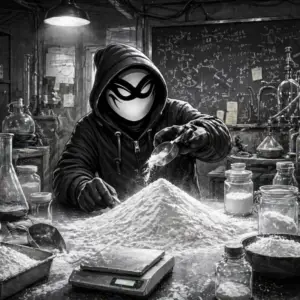 Crook in a laboratory working a batch of Halfway Crooks watersoluble cannabinoids.