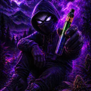Crook sitting on front of Mendocino mountains in pine forest. He is holding Mendo Purps vape in his hand.
