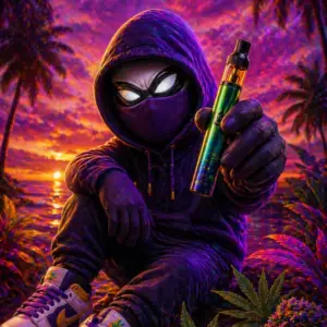 Crook character sitting on beach with a Tropical Runtz vape in hand.