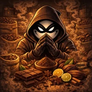 Halfway Crooks Choco Cartel cannabis seeds artwork featuring a masked character surrounded by cocoa beans, chocolate, citrus, and warm spices in a smoky hideout.