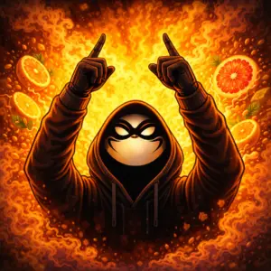 Halfway Crooks Citrus Confidential cannabis seeds artwork featuring a masked character surrounded by blazing flames and vibrant citrus fruits.