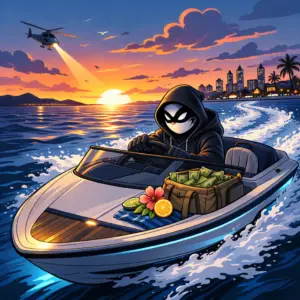 Halfway Crooks Clean Getaway cannabis seeds artwork featuring a masked character speeding across the ocean in a powerboat at sunset with tropical citrus and cash.