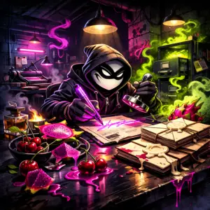 Halfway Crooks Forgery Felon cannabis seeds artwork featuring a masked character forging documents in a neon-lit hideout with cherries and dragon fruit.