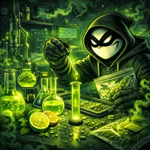 Halfway Crooks Green Alibi CBG cannabis seeds artwork featuring a masked character in a laboratory preparing green botanical extracts with citrus and herbs.