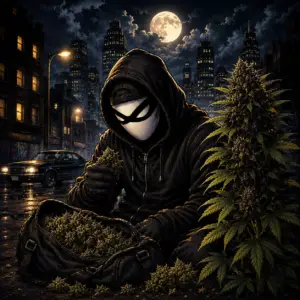 Halfway Crooks Amnesia Alibi CBD flower artwork featuring a masked character inspecting premium CBD buds beside a mature hemp plant in a moonlit city.