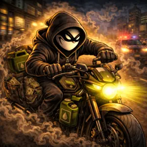 Halfway Crooks Quick Fix CBD Autoflower cannabis seeds artwork featuring a masked rider escaping through the city on a motorcycle with cash and fuel cans.
