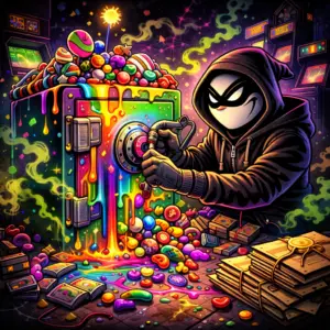 Halfway Crooks Rainbow Racket cannabis seeds artwork featuring a masked character cracking a rainbow-colored safe overflowing with candy in a neon-lit hideout.